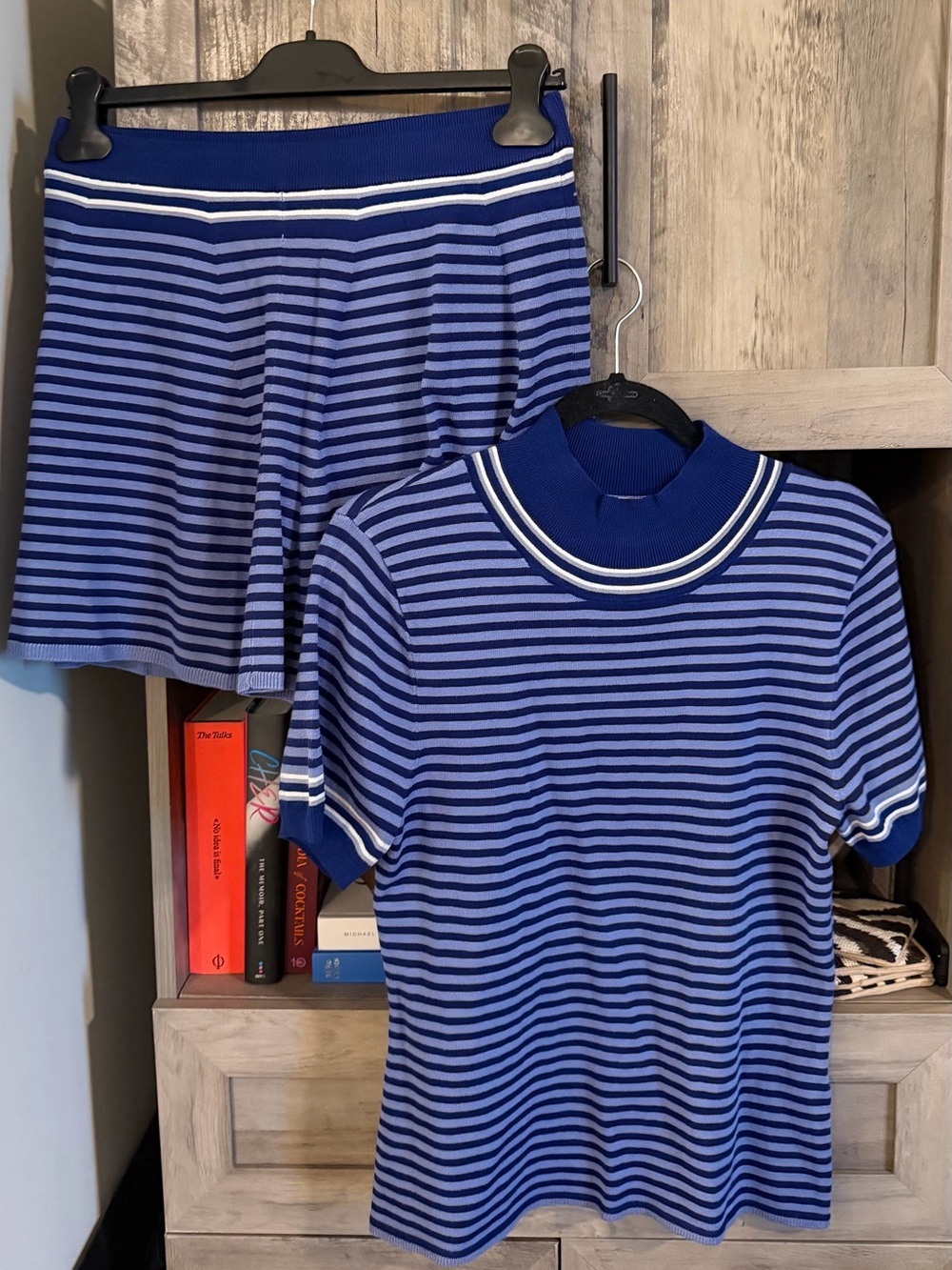 Free People Navy and Light Blue Striped Mockneck Sweater and Skirt Set